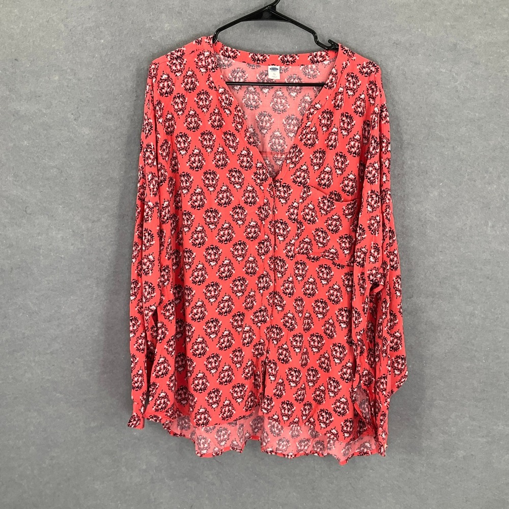 Old Navy Top Sz XL Coral Print Button Up Shirt Long‎ Sleeve Bohemian Blouse